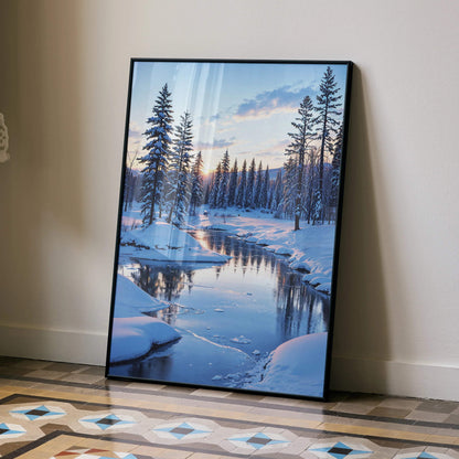 Snowy sunset landscape poster with a river and tall pine trees reflected in the water, vertical wall art.