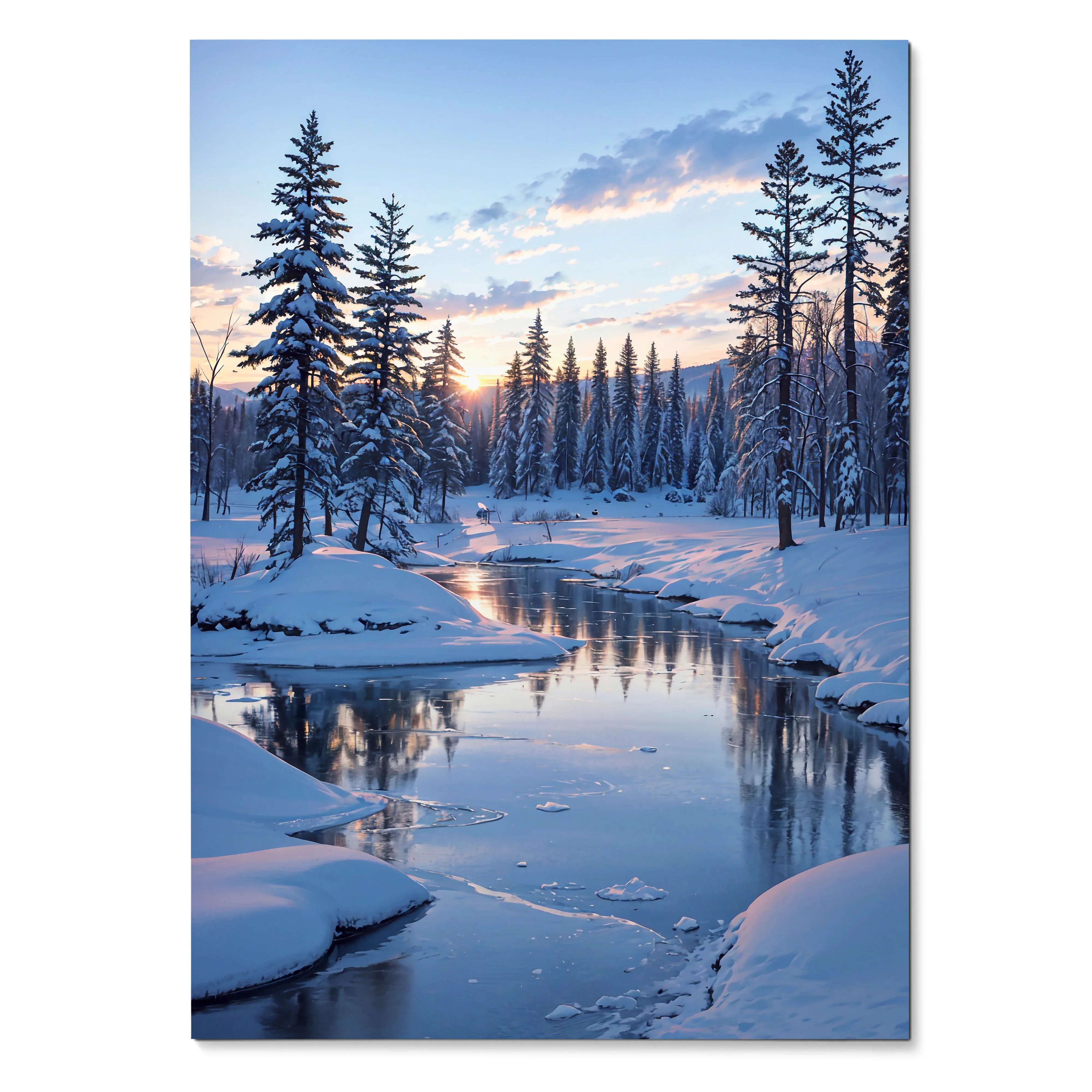 Snowy forest sunset over a reflective stream poster wall art with soft pink and blue tones.