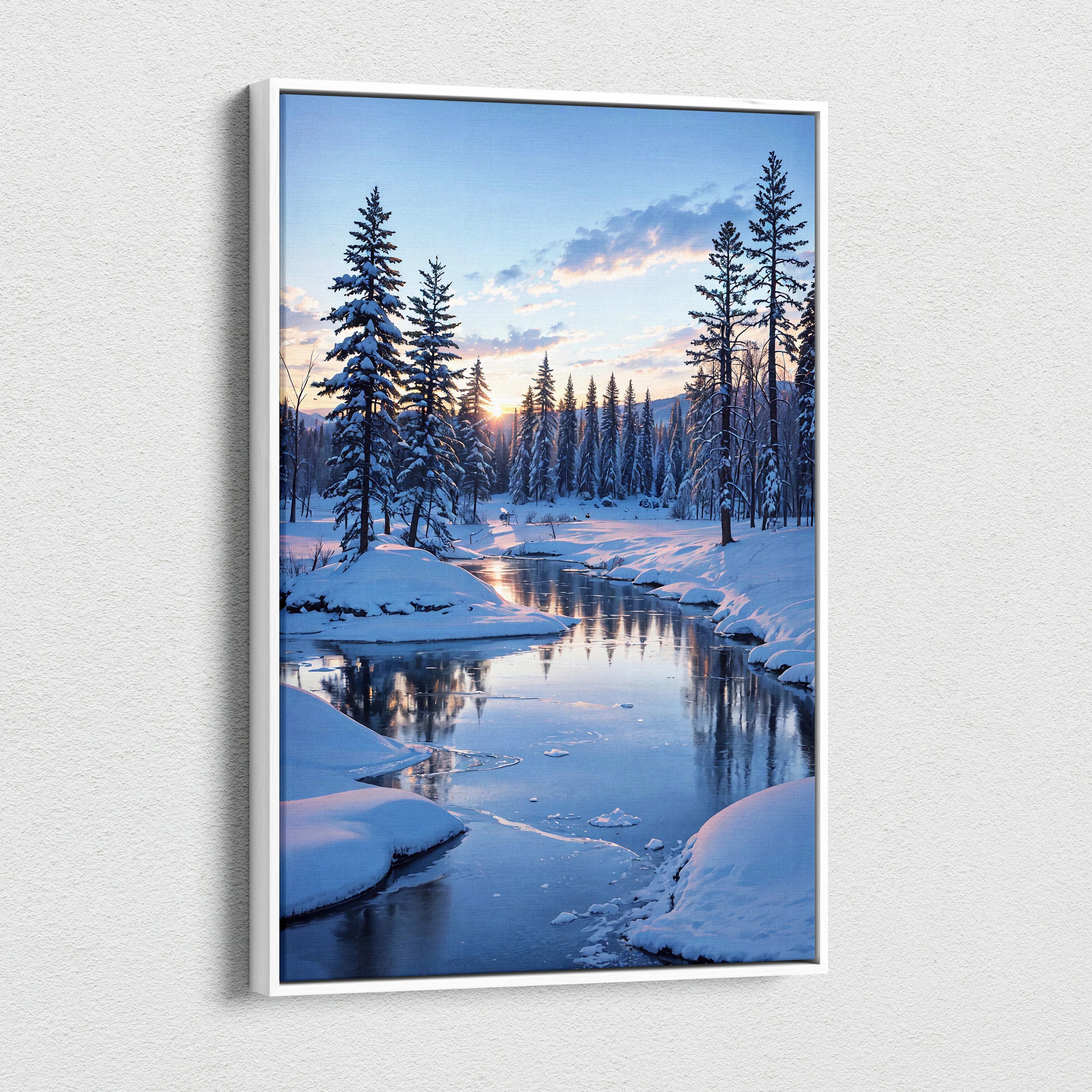 Vertical canvas wall art featuring a snowy forest landscape with a calm river at sunset.