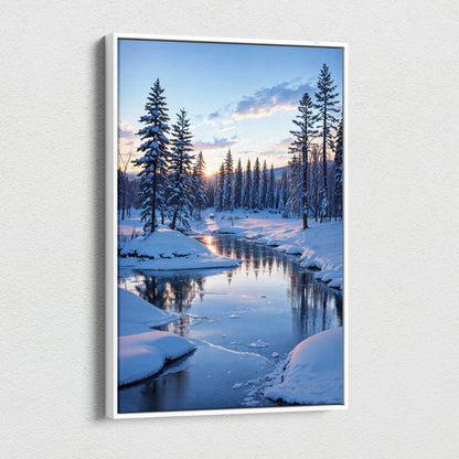 Vertical canvas wall art featuring a snowy forest landscape with a calm river at sunset.
