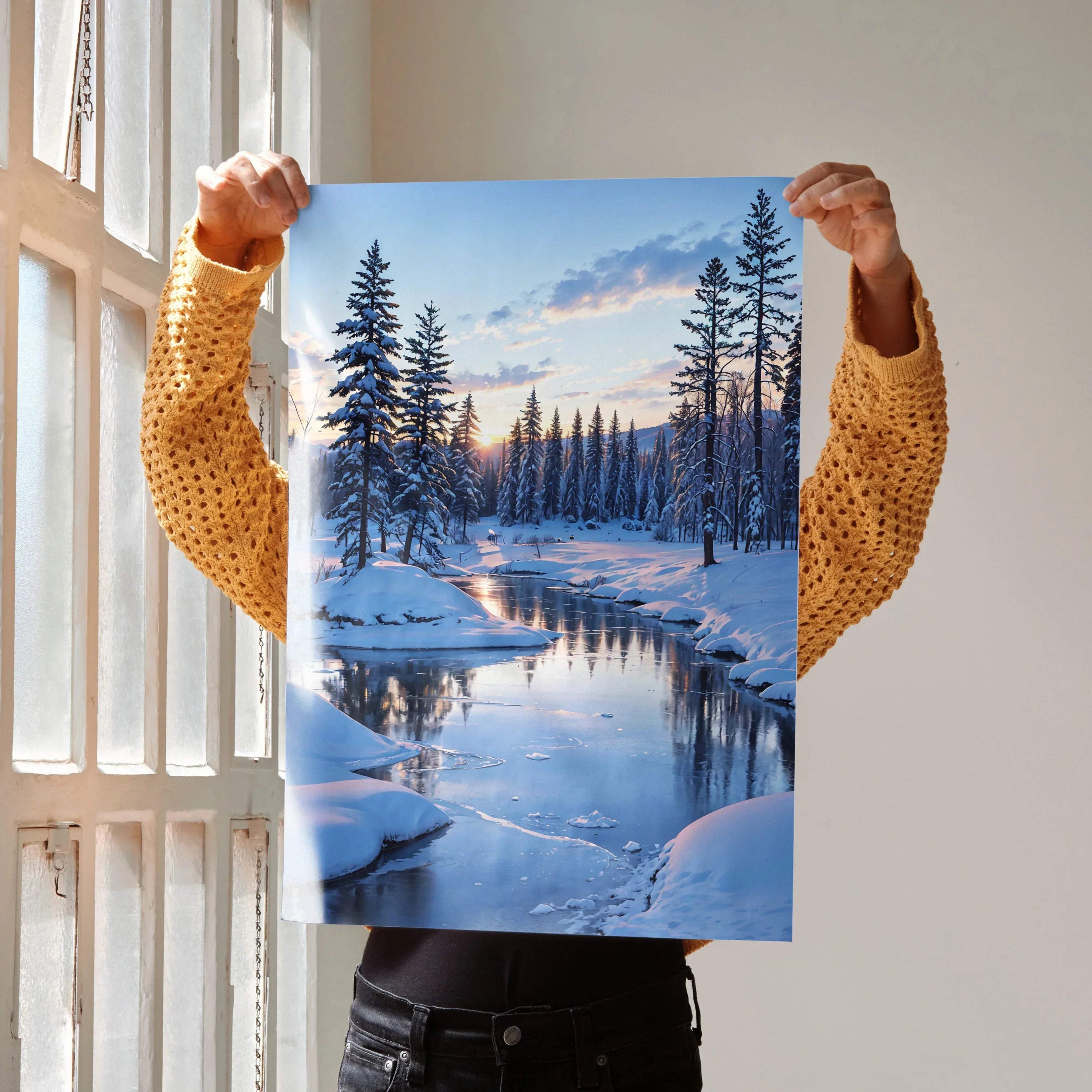 Vertical poster wall art featuring a snowy landscape with a river at sunset and pine trees.