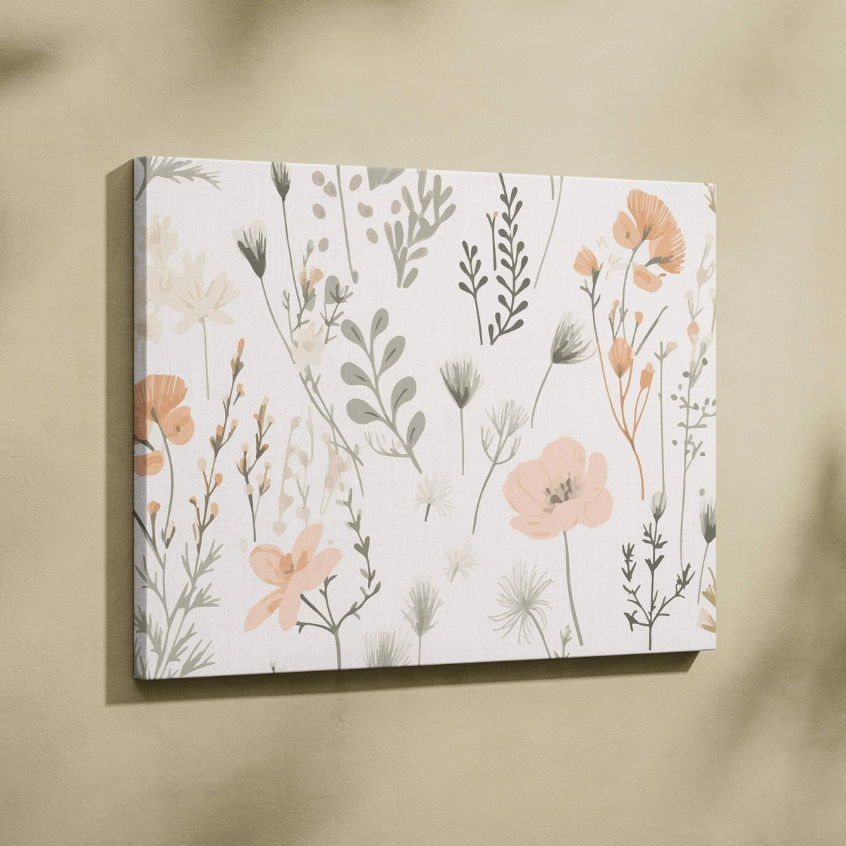 Delicate wildflower botanical canvas wall art in blush sage beige airy mood