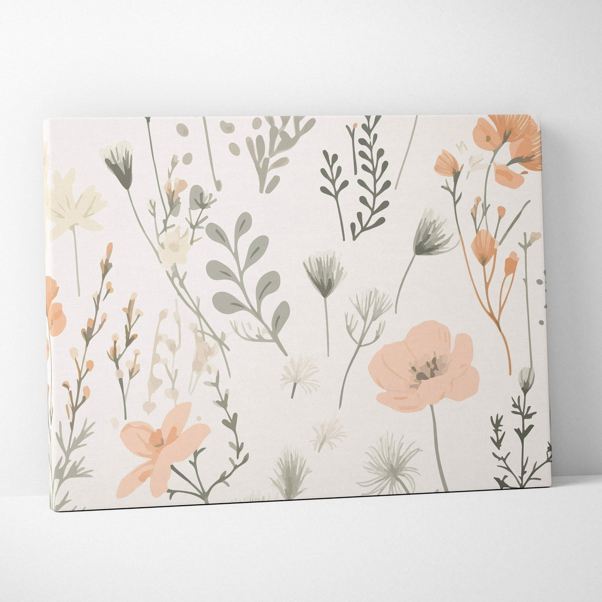 Delicate wildflower canvas wall art in blush sage beige airy mood