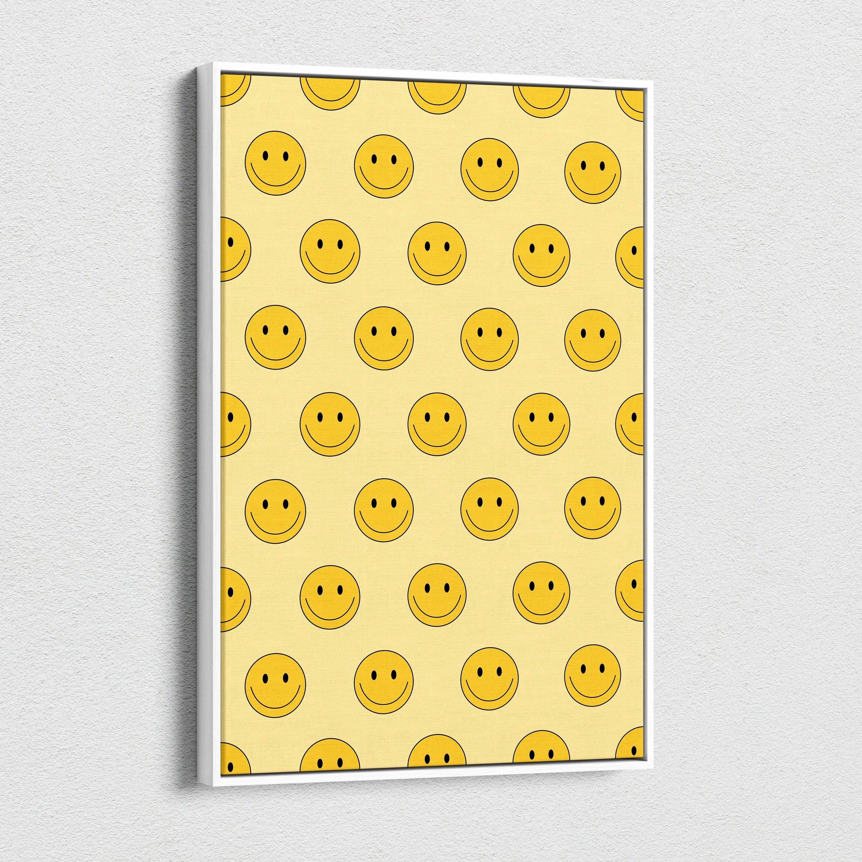 Framed cheerful yellow smiley pattern canvas wall art in white frame