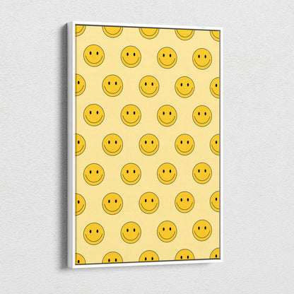 Framed cheerful yellow smiley pattern canvas wall art in white frame
