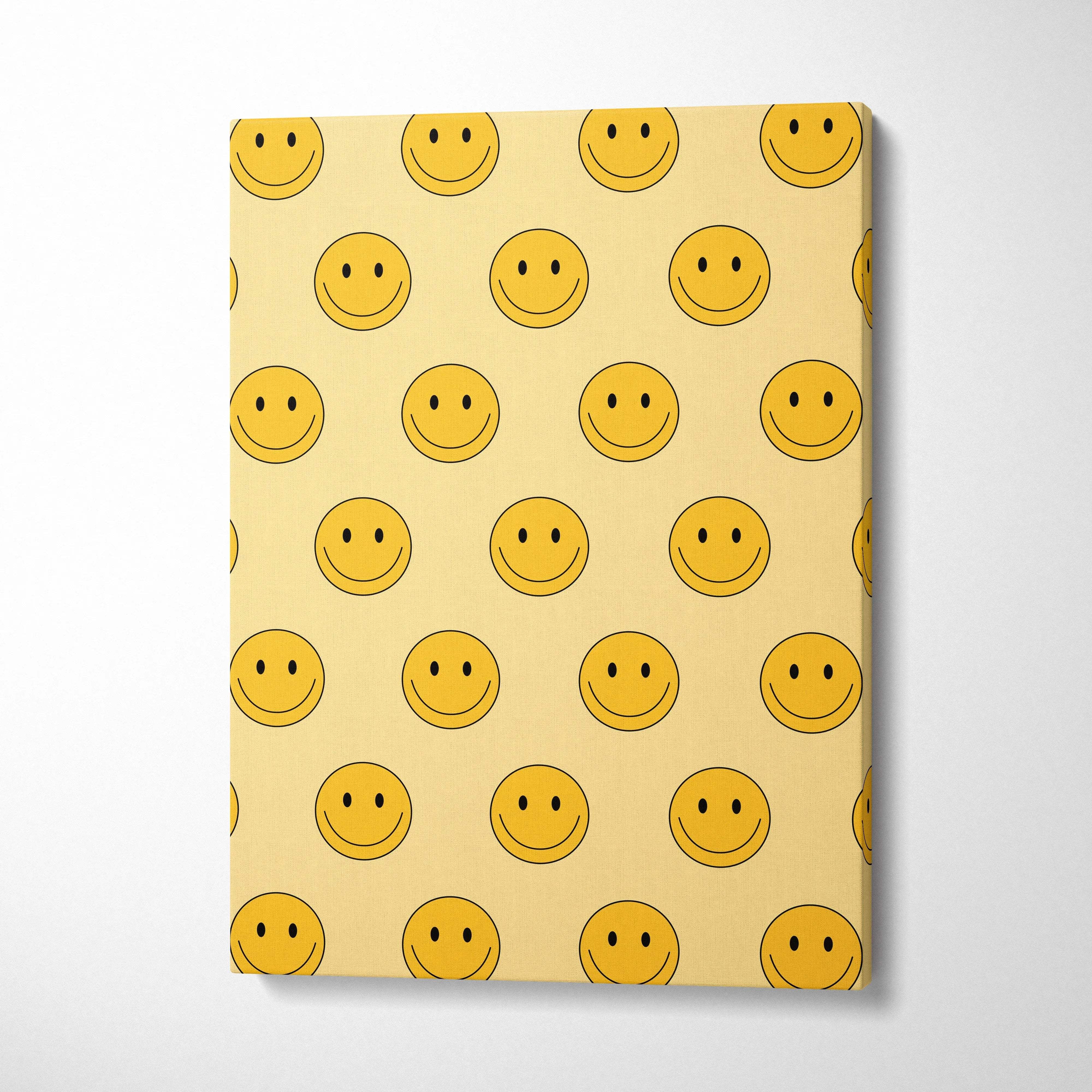 Cheerful yellow smiley emoji pattern canvas wall art on beige background