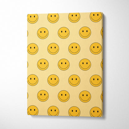 Cheerful yellow smiley emoji pattern canvas wall art on beige background
