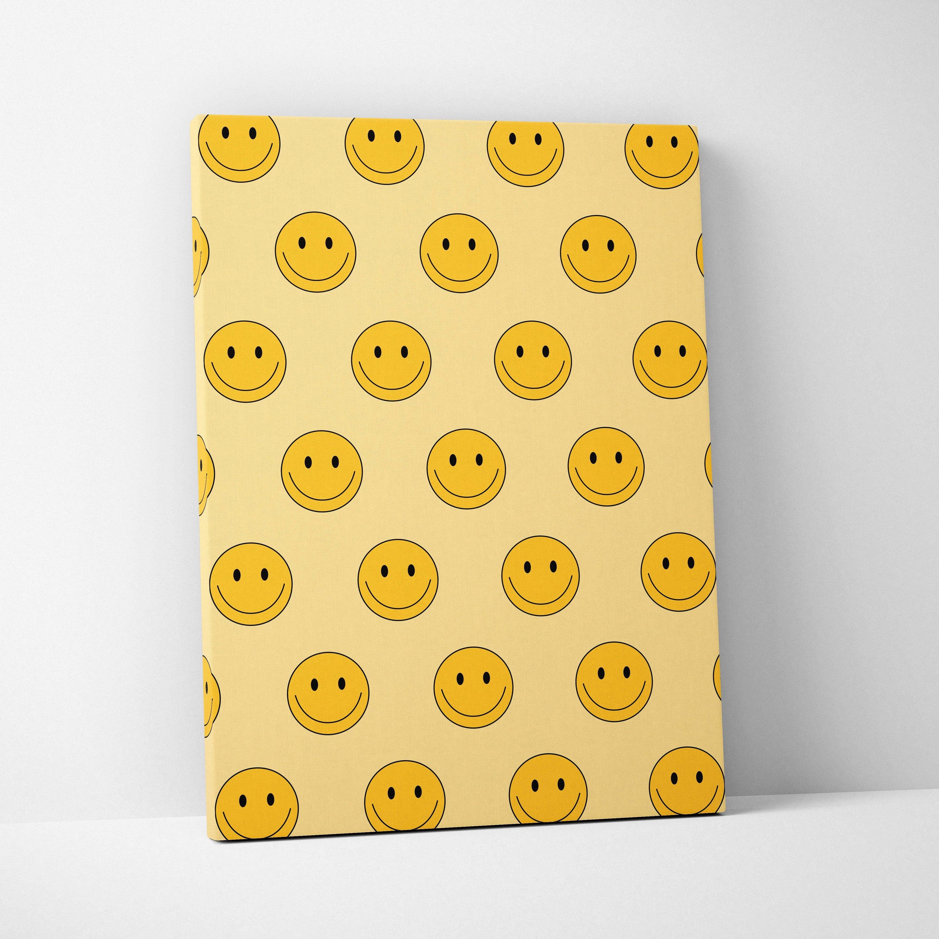 Cheerful yellow smiley emoji pattern canvas wall art on beige background
