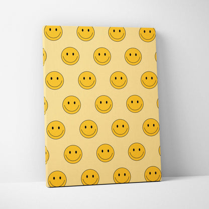 Cheerful yellow smiley emoji pattern canvas wall art on beige background
