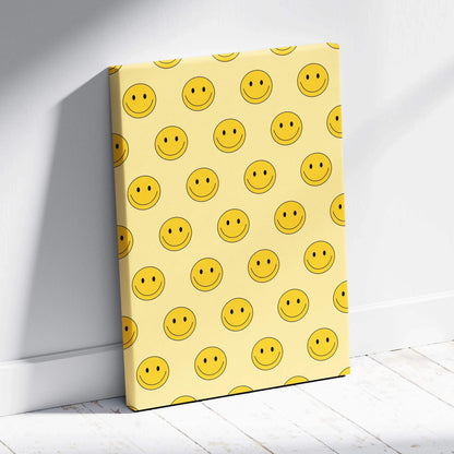 Cheerful yellow smiley emoji pattern canvas wall art on beige background