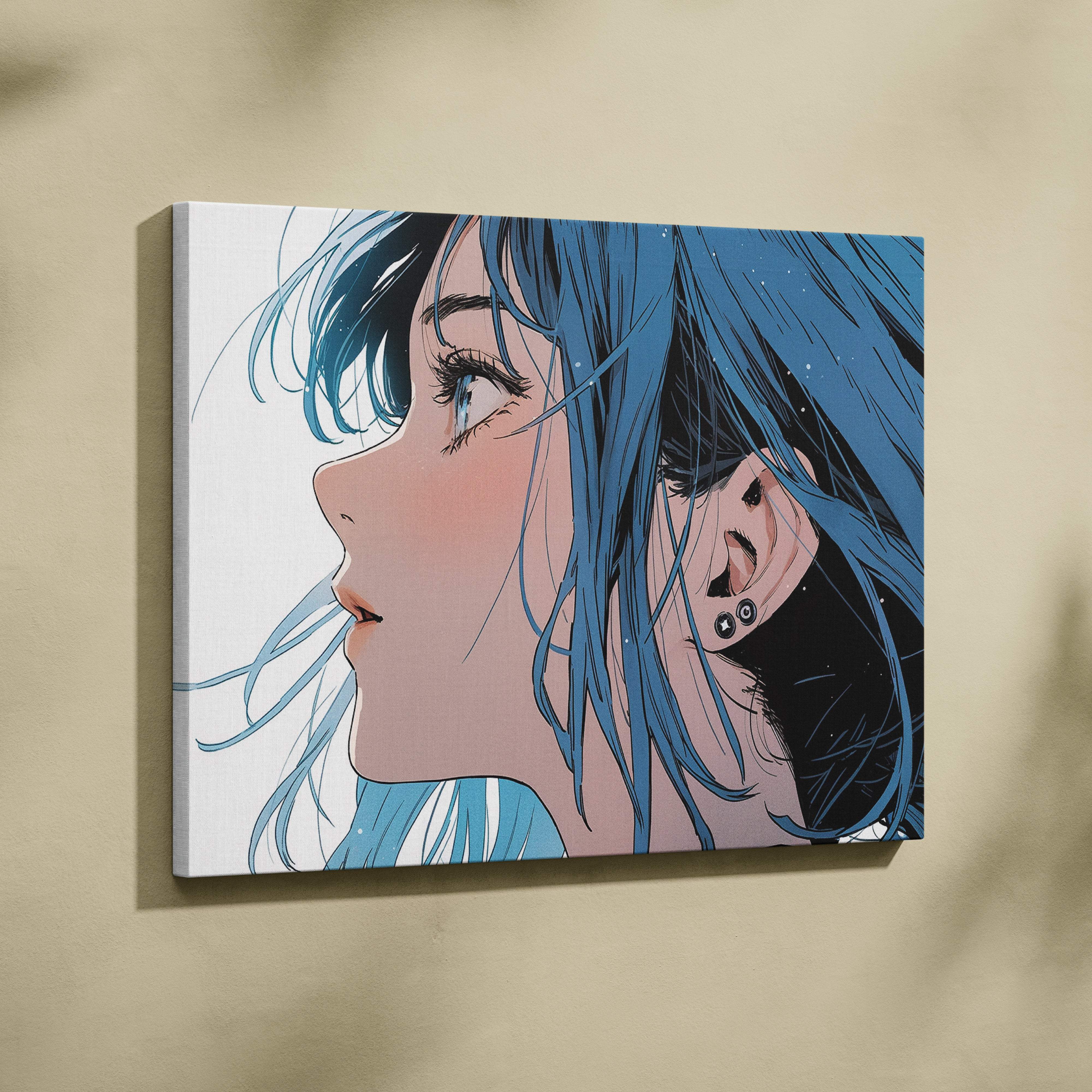 Blue hair anime girl canvas wall art print featuring detailed eyes and earrings for modern bedroom or gaming room decor