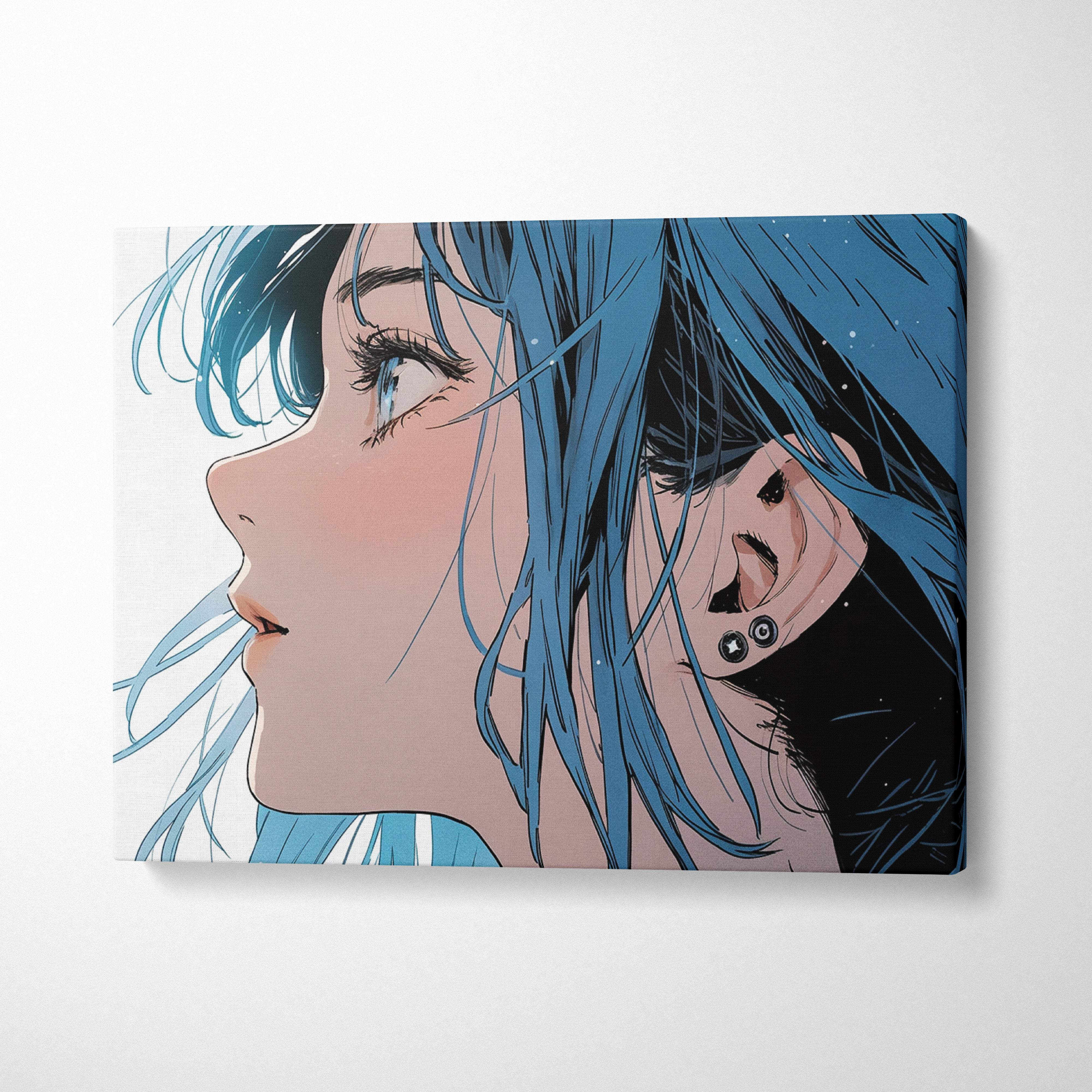 Blue hair anime girl canvas print featuring detailed side profile with expressive eyes and ear piercings for bedroom decor