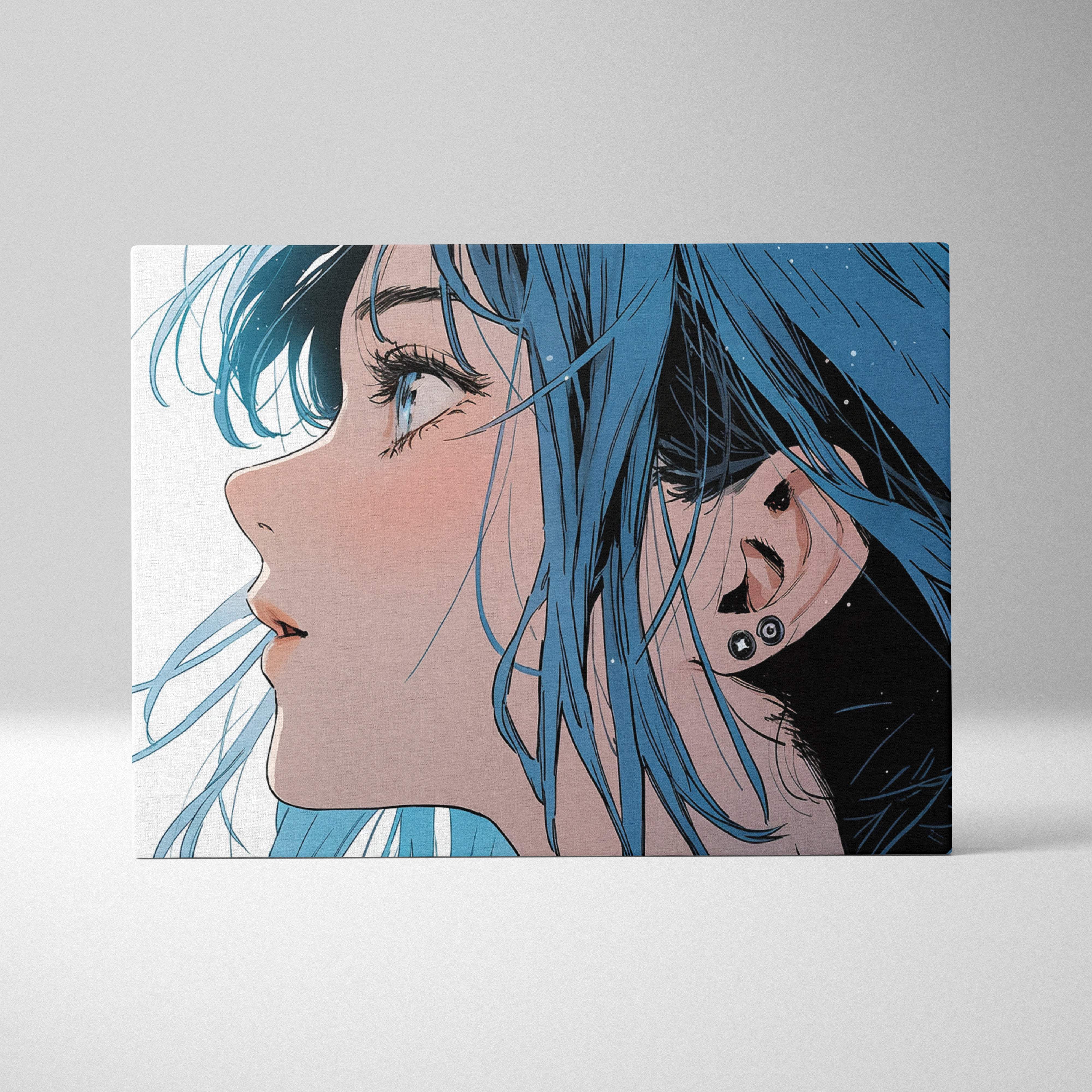 Blue hair anime girl canvas wall art print featuring detailed line art and soft shading for modern bedroom decor