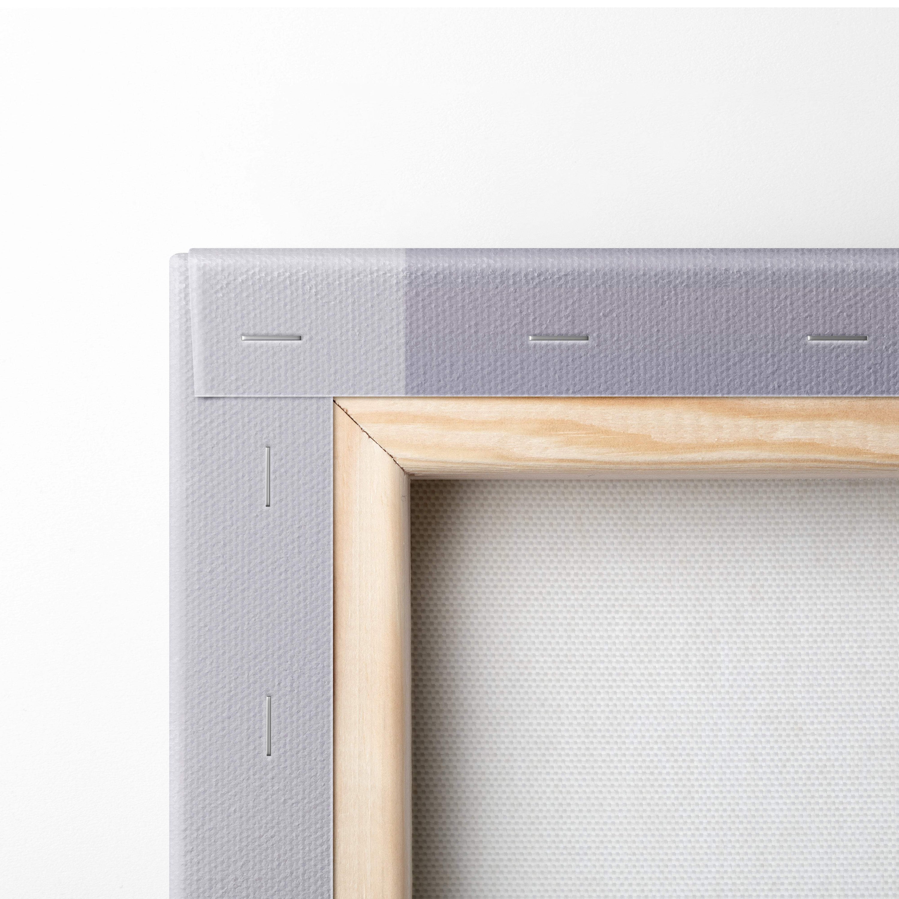 Light gray canvas stretched over natural wood frame with stitched edges for pink cherry blossom garden wall art