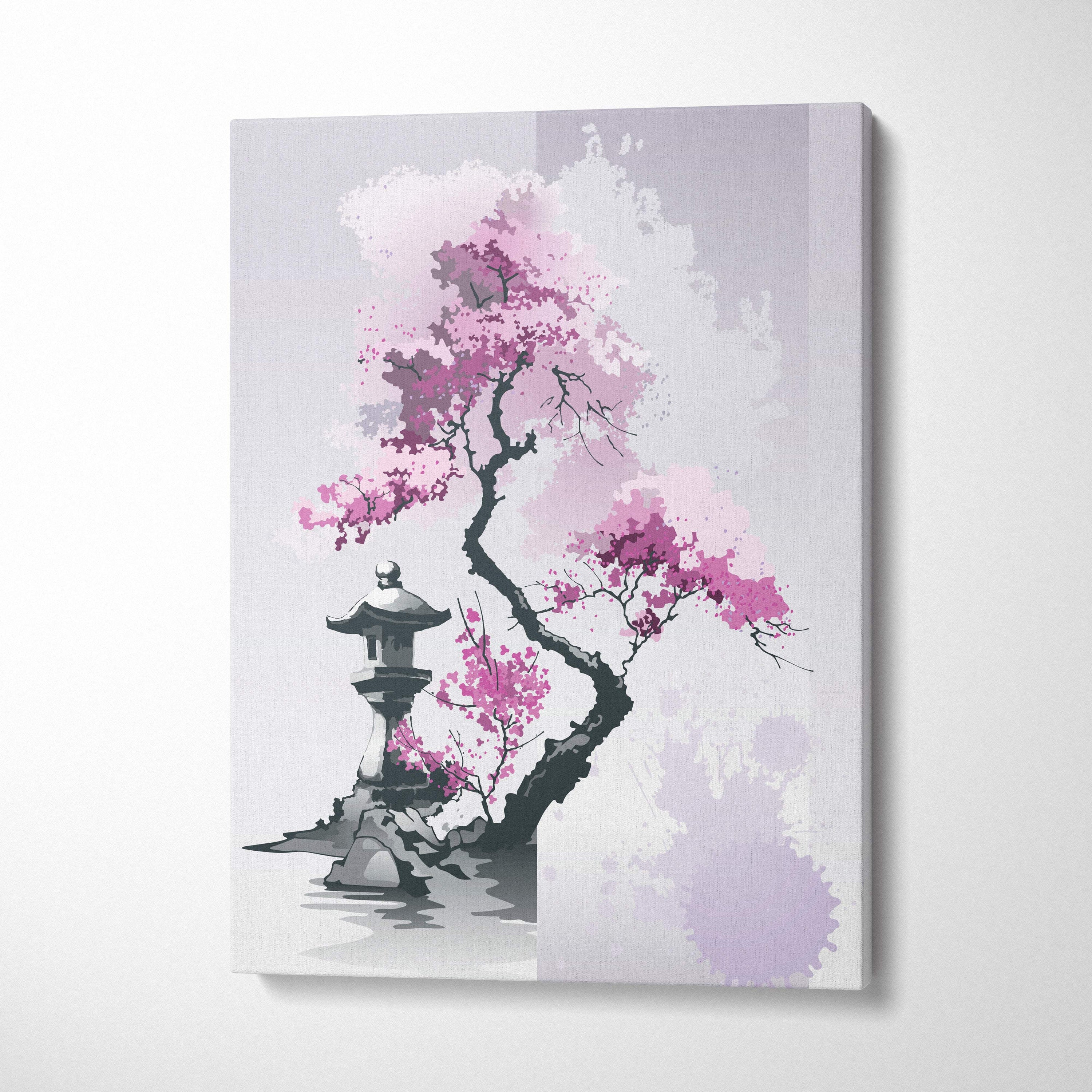Pink cherry blossom garden canvas wall art with vibrant pink blossoms and dark branches beside a stone lantern