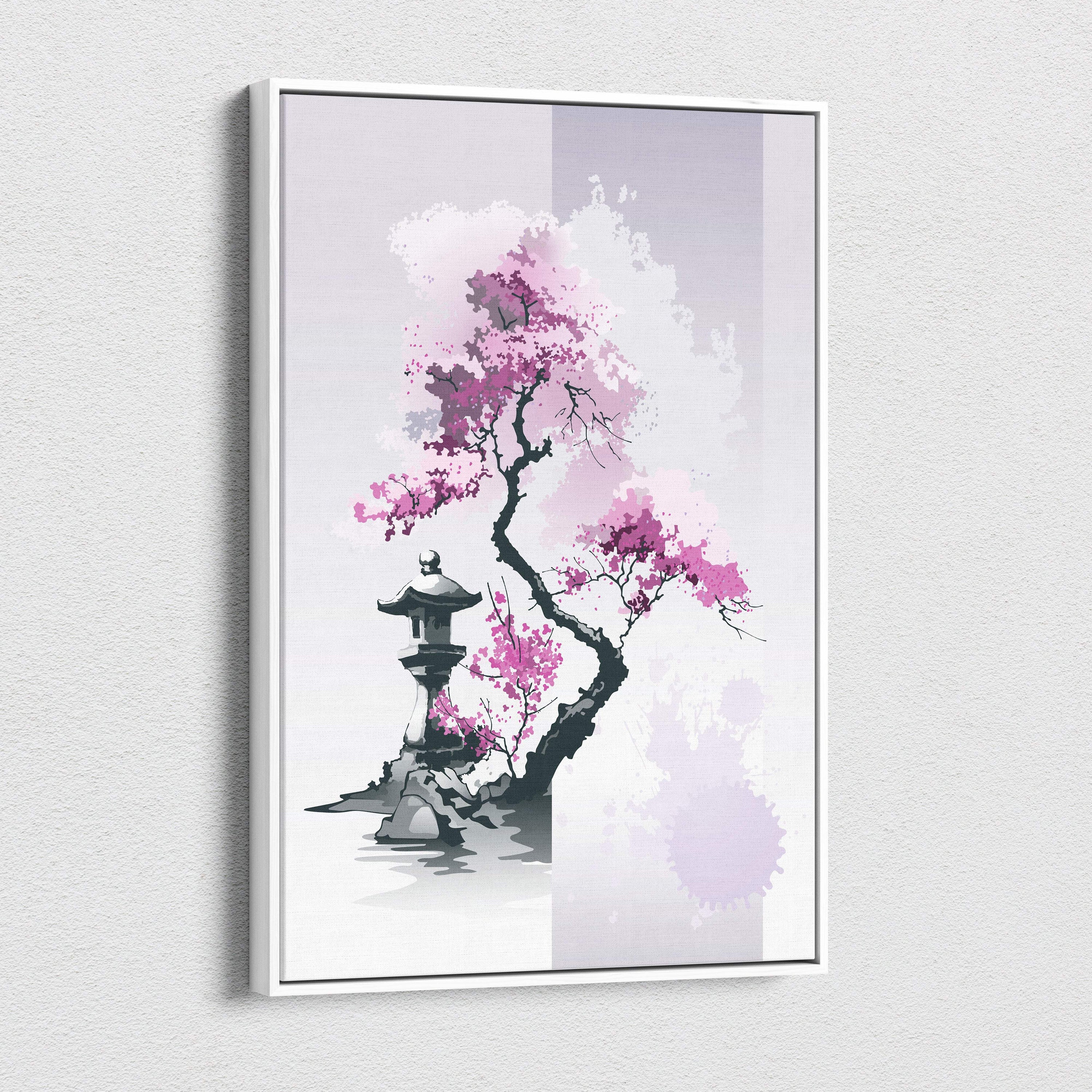 A framed pink cherry blossom garden canvas wall art with dark branches and stone lantern in lavender gray ink style