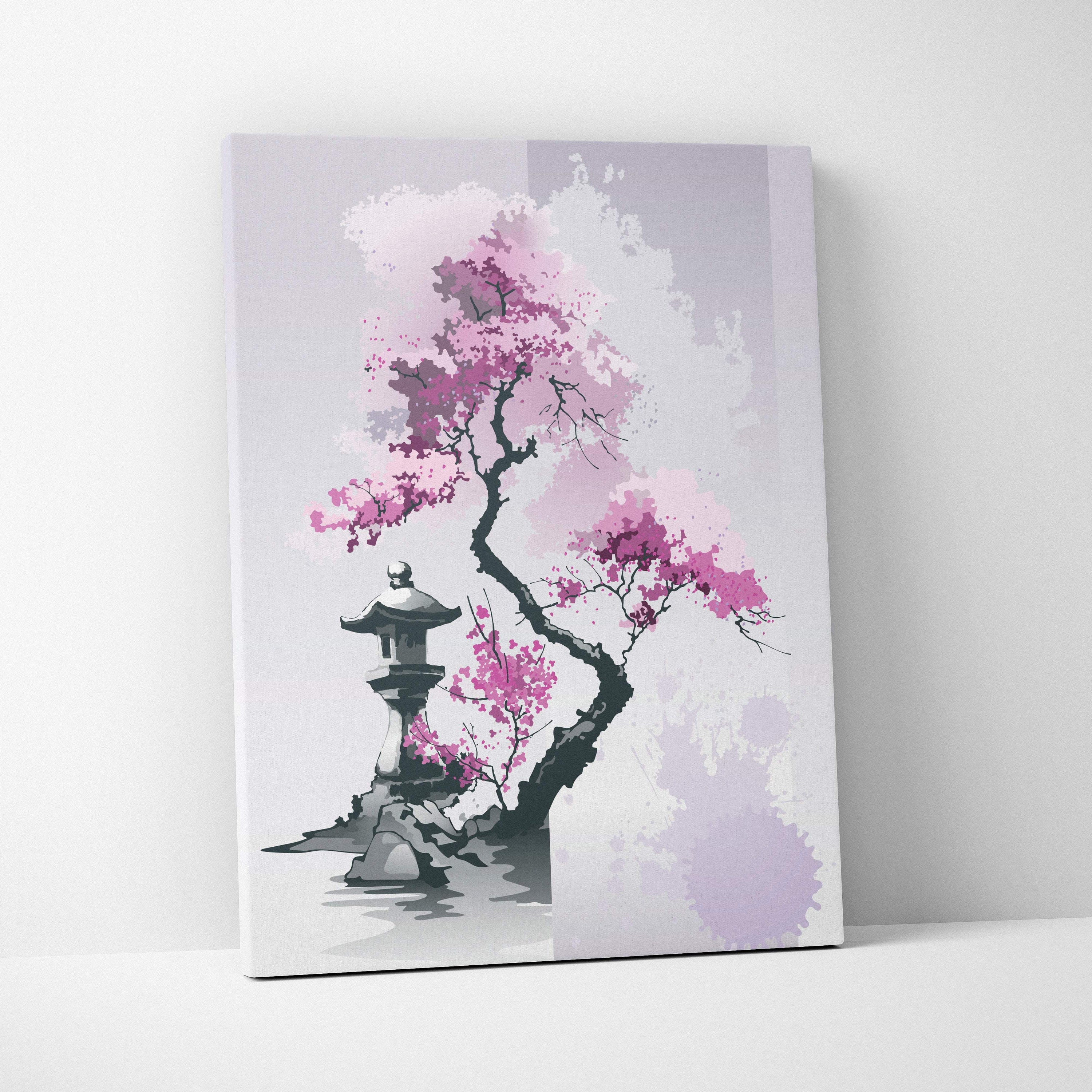 Pink cherry blossom garden canvas wall art with vibrant pink blossoms and stone lantern on lavender gray background