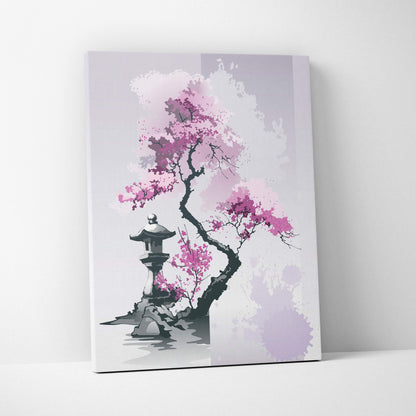 Pink cherry blossom garden canvas wall art with vibrant pink blossoms and stone lantern on lavender gray background