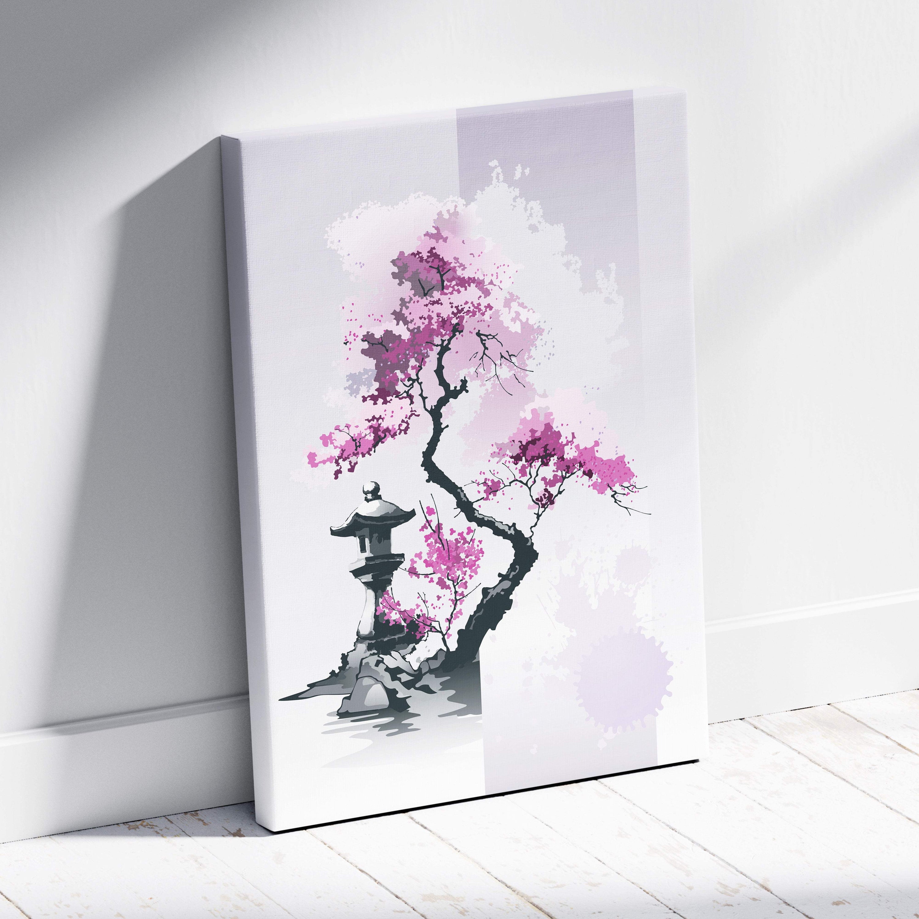Pink cherry blossom garden canvas wall art with vibrant pink blossoms and stone lantern in lavender gray ink style