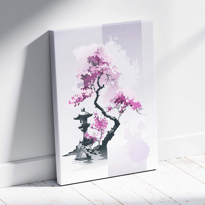 Pink cherry blossom garden canvas wall art with vibrant pink blossoms and stone lantern in lavender gray ink style