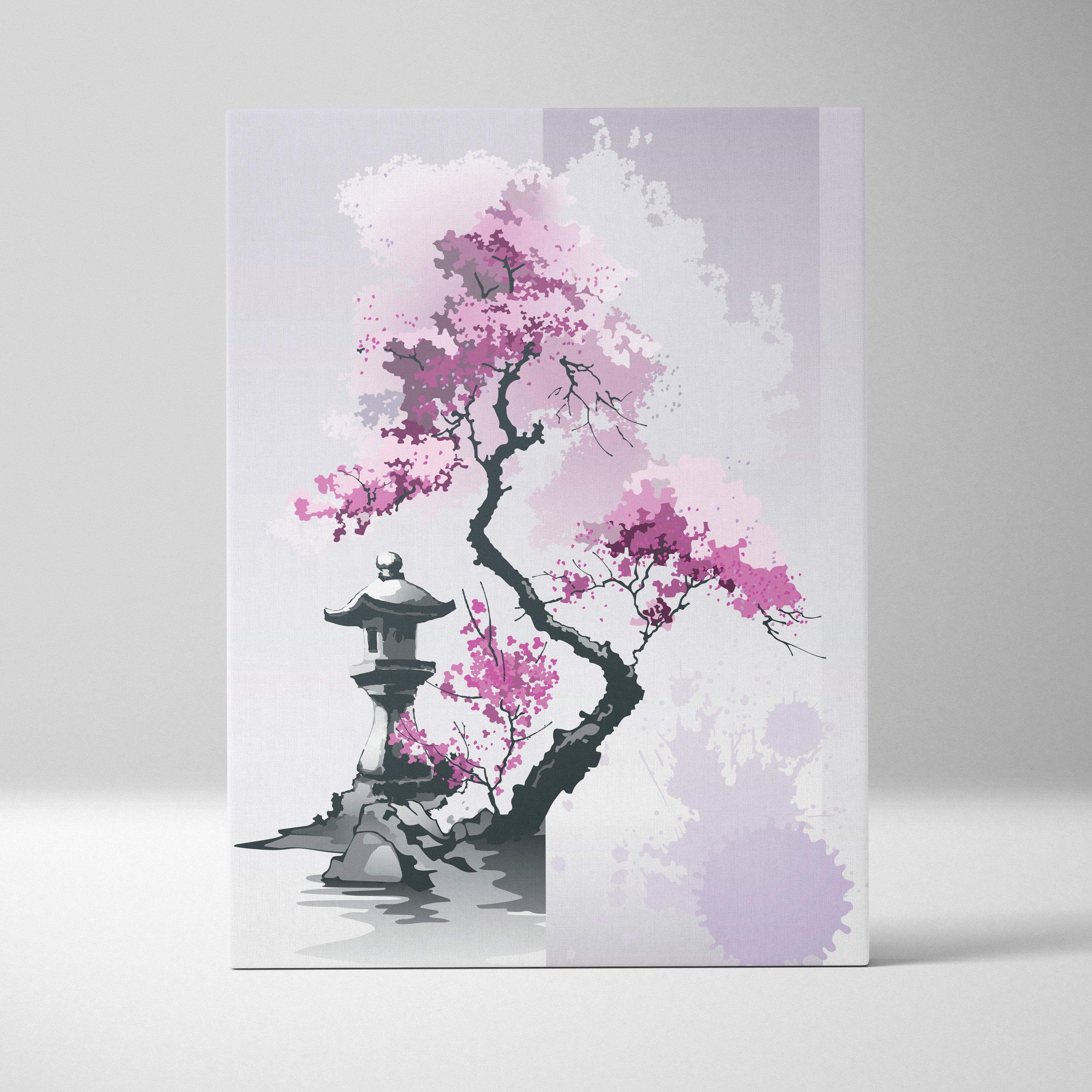 Pink cherry blossom garden canvas wall art with vibrant pink blossoms and stone lantern in lavender gray ink style