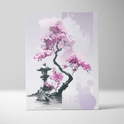 Pink cherry blossom garden canvas wall art with vibrant pink blossoms and stone lantern in lavender gray ink style