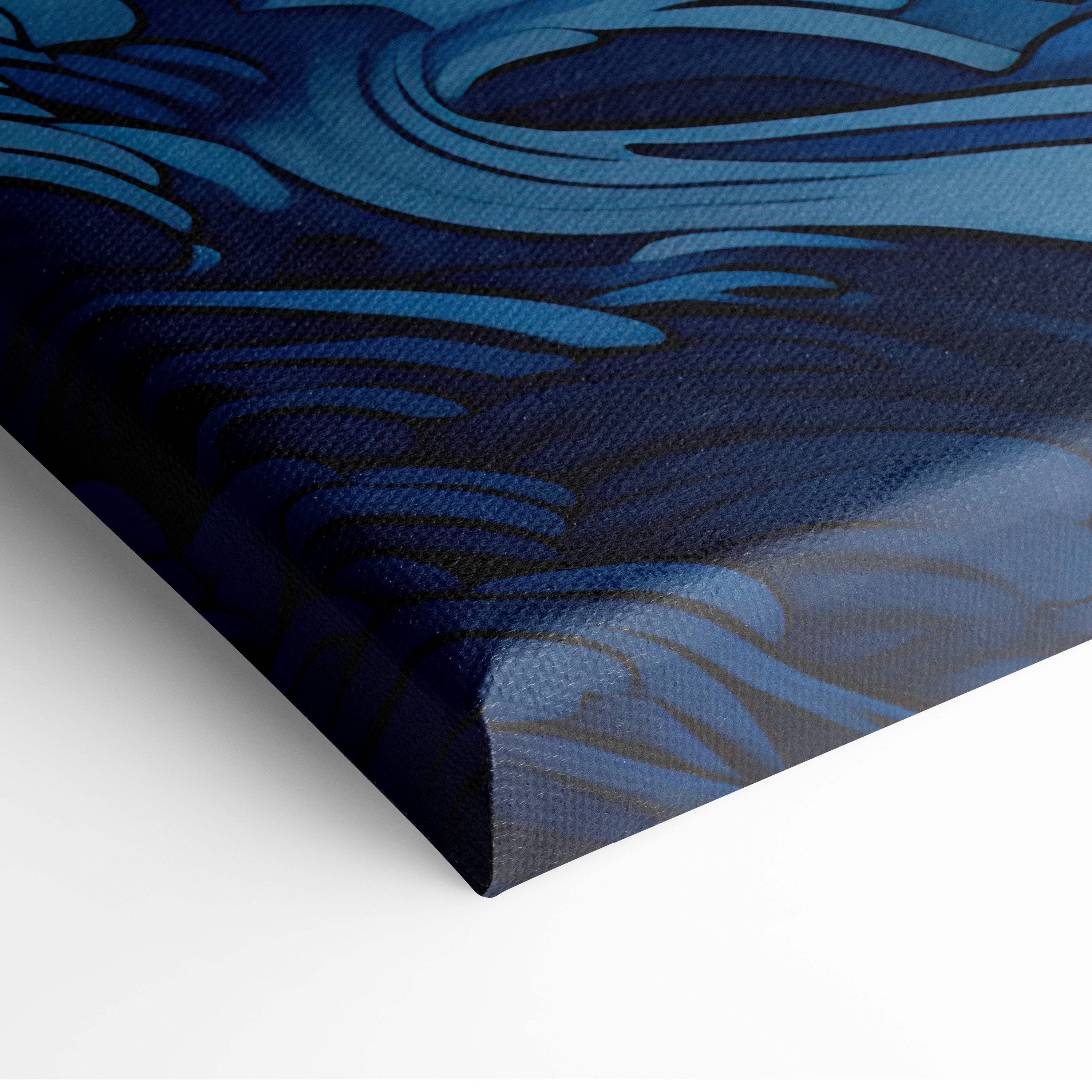 Blue japanese wave canvas wall art featuring stylized deep blue and navy ocean waves for coastal beach decor