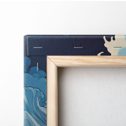 Blue Japanese wave canvas wall art painting with stylized navy waves framed by light wood for coastal decor