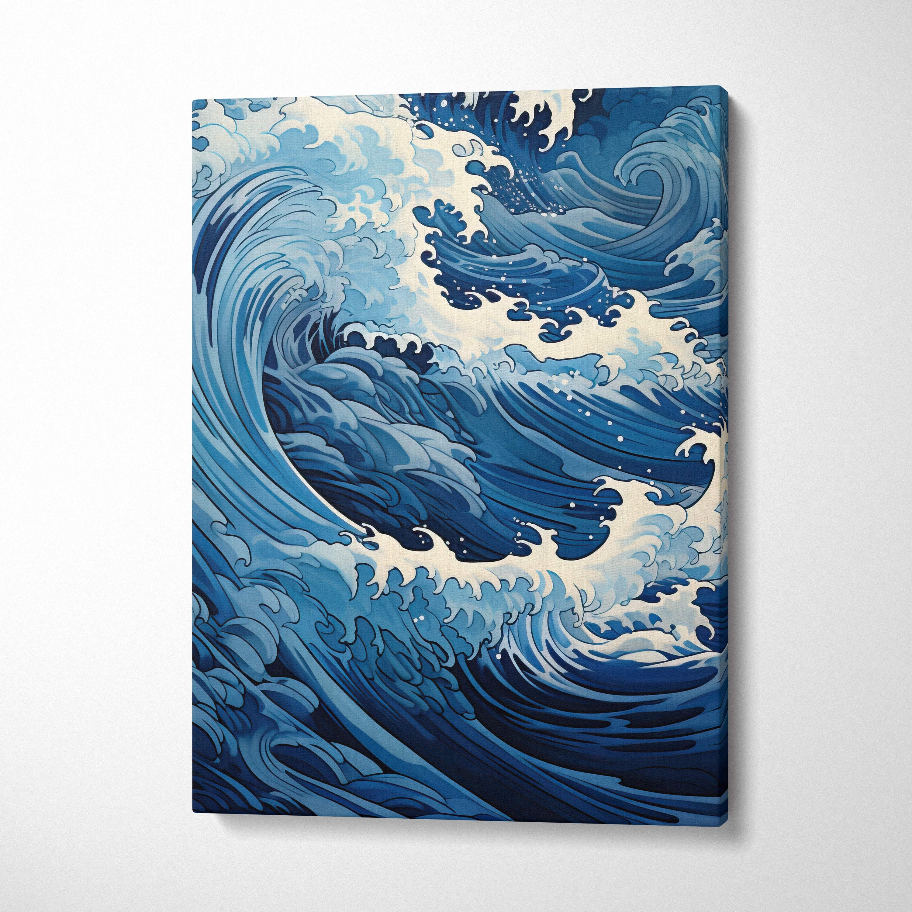 Blue and white canvas wall art featuring a stylized ocean wave in japanese painting style for coastal decor