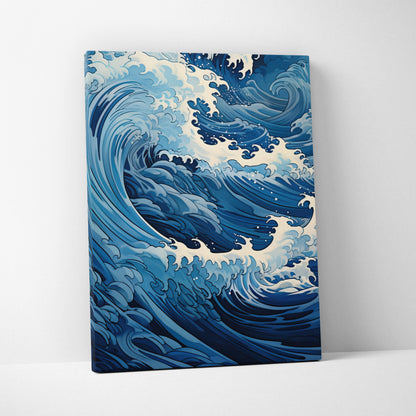 Blue and white canvas print of a dynamic ocean wave in hokusai style for coastal bathroom and beach house decor