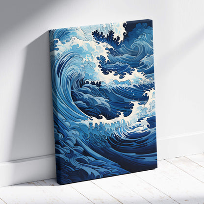 Blue and white canvas print of the great wave off kanagawa bold ocean seascape wall art for coastal decor
