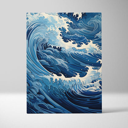 Blue and white stylized wave canvas wall art in bold Japanese woodblock style for coastal nautical decor