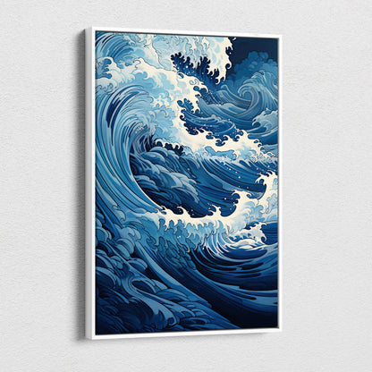 A framed blue japanese wave canvas wall art featuring a bold stylized ocean wave in white and blue shades
