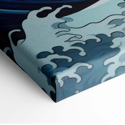 Blue cream japanese wave canvas wall art with bold black outlines on navy background for coastal ocean decor