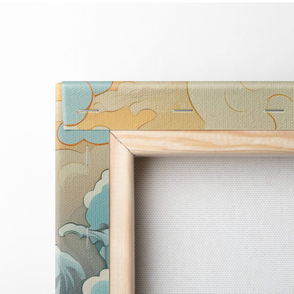 Blue cream japanese wave canvas wall art with light wood frame and teal beige cloud-patterned fabric border for coastal decor