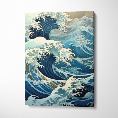 Blue cream Japanese wave canvas wall art featuring Hokusai’s great wave in vibrant blues for coastal decor