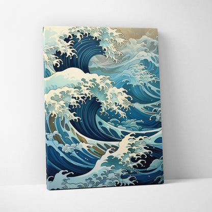 Blue cream japanese wave canvas wall art featuring the great wave off kanagawa in deep blue and teal for coastal decor