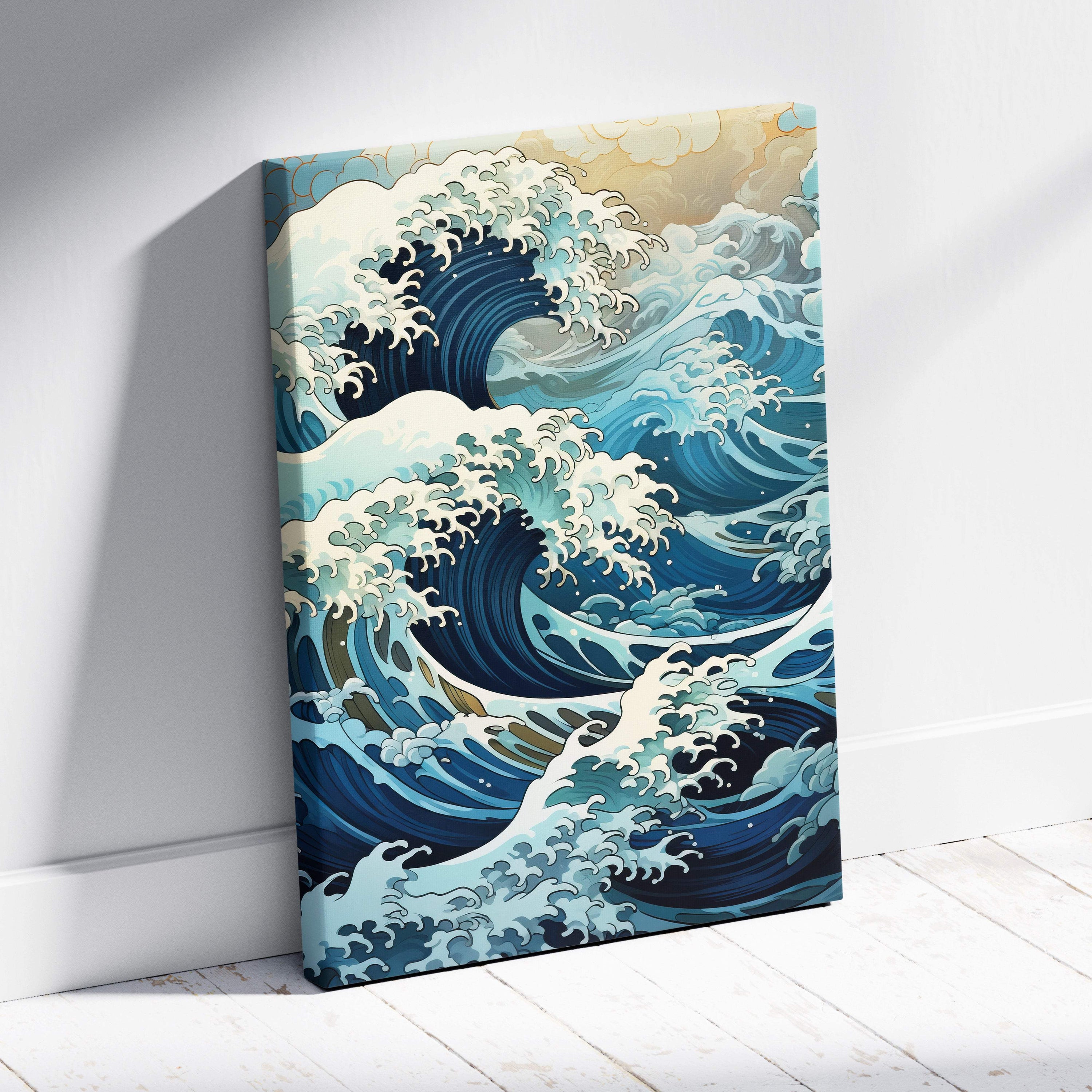 Blue cream Japanese wave canvas wall art with dynamic blue and white waves for coastal beach house decor
