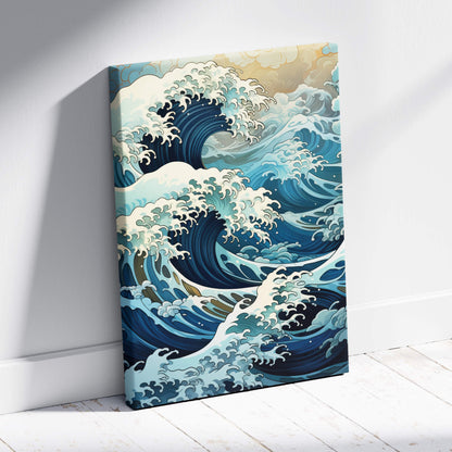 Blue cream Japanese wave canvas wall art with dynamic blue and white waves for coastal beach house decor