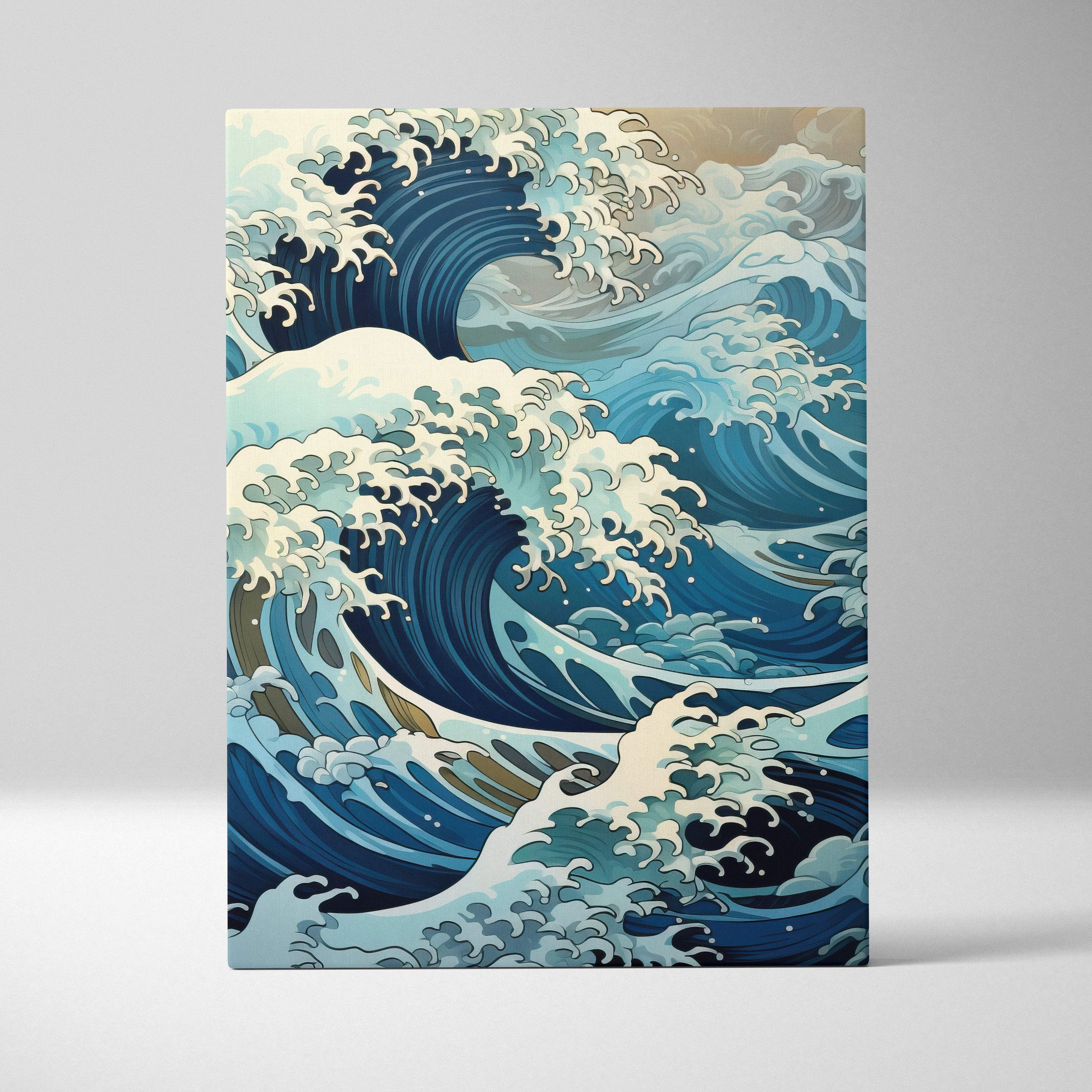 Vibrant blue and white stylized ocean wave canvas wall art with bold Japanese wave design for coastal beach decor