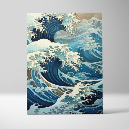 Vibrant blue and white stylized ocean wave canvas wall art with bold Japanese wave design for coastal beach decor