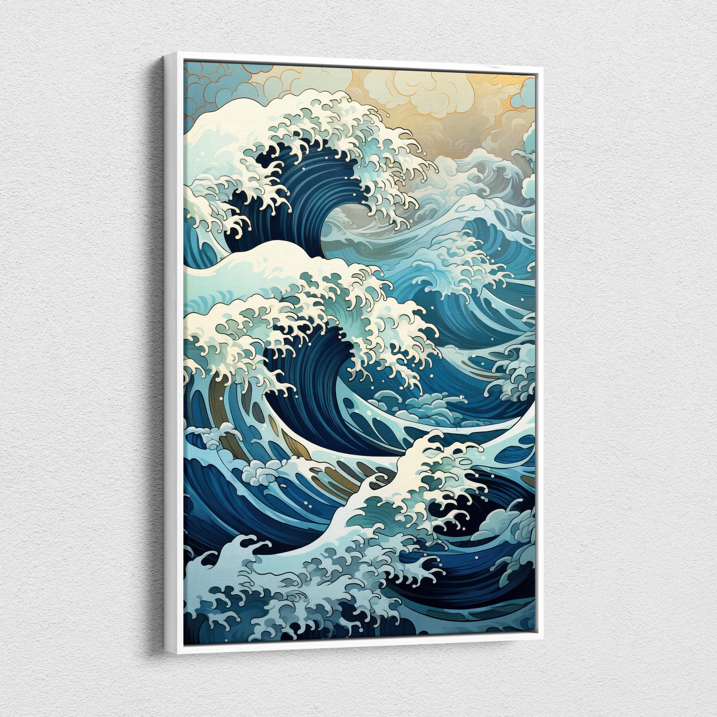 A framed canvas wall art painting of a stylized blue and white Japanese ocean wave for coastal decor