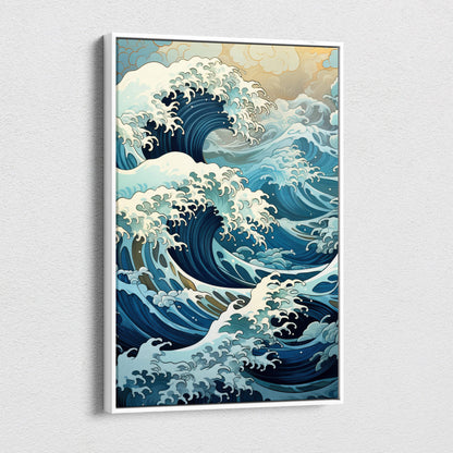 A framed canvas wall art painting of a stylized blue and white Japanese ocean wave for coastal decor