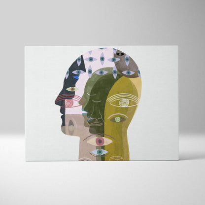 Contemporary abstract face canvas wall art featuring stylized overlapping faces with green and blue eyes in muted earth tones
