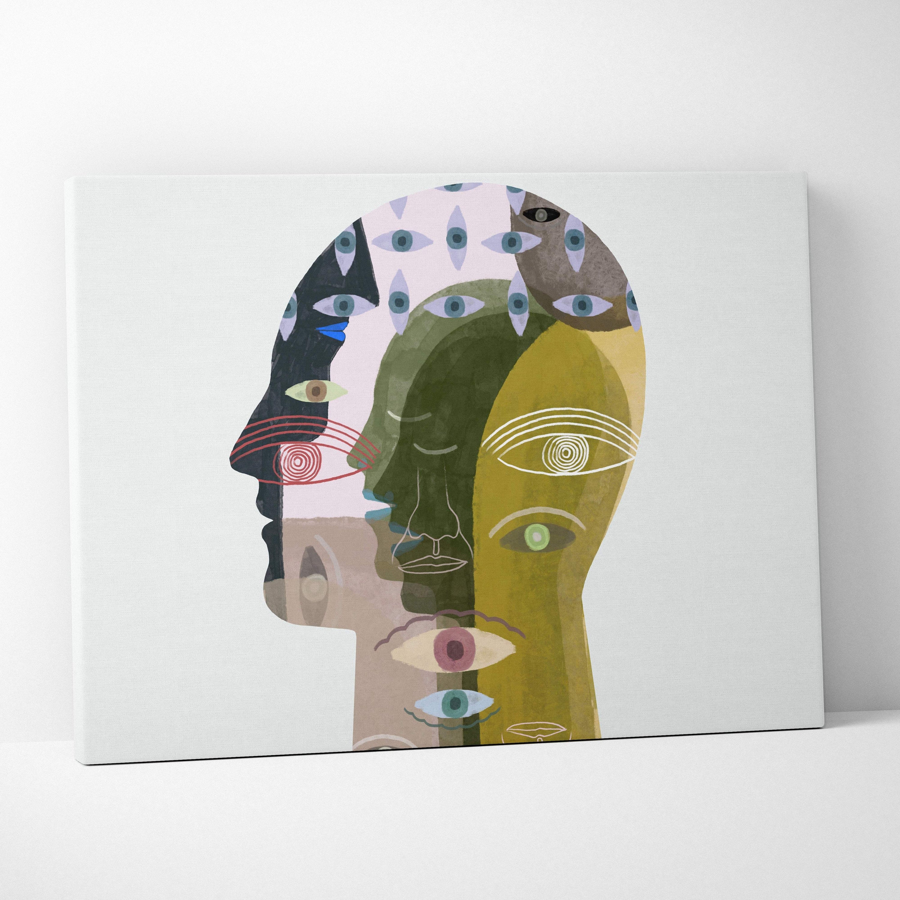 Contemporary abstract face canvas wall art featuring layered earth tone profiles with colorful stylized eyes for modern decor