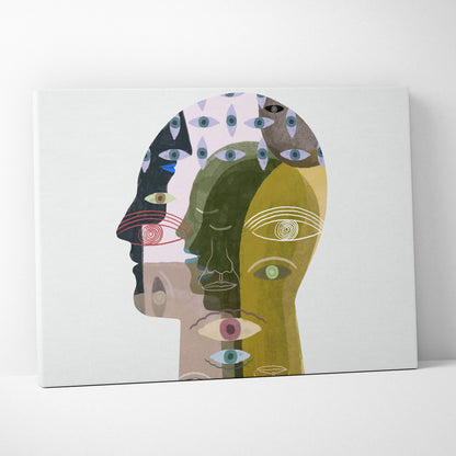 Contemporary abstract face canvas wall art featuring layered earth tone profiles with colorful stylized eyes for modern decor