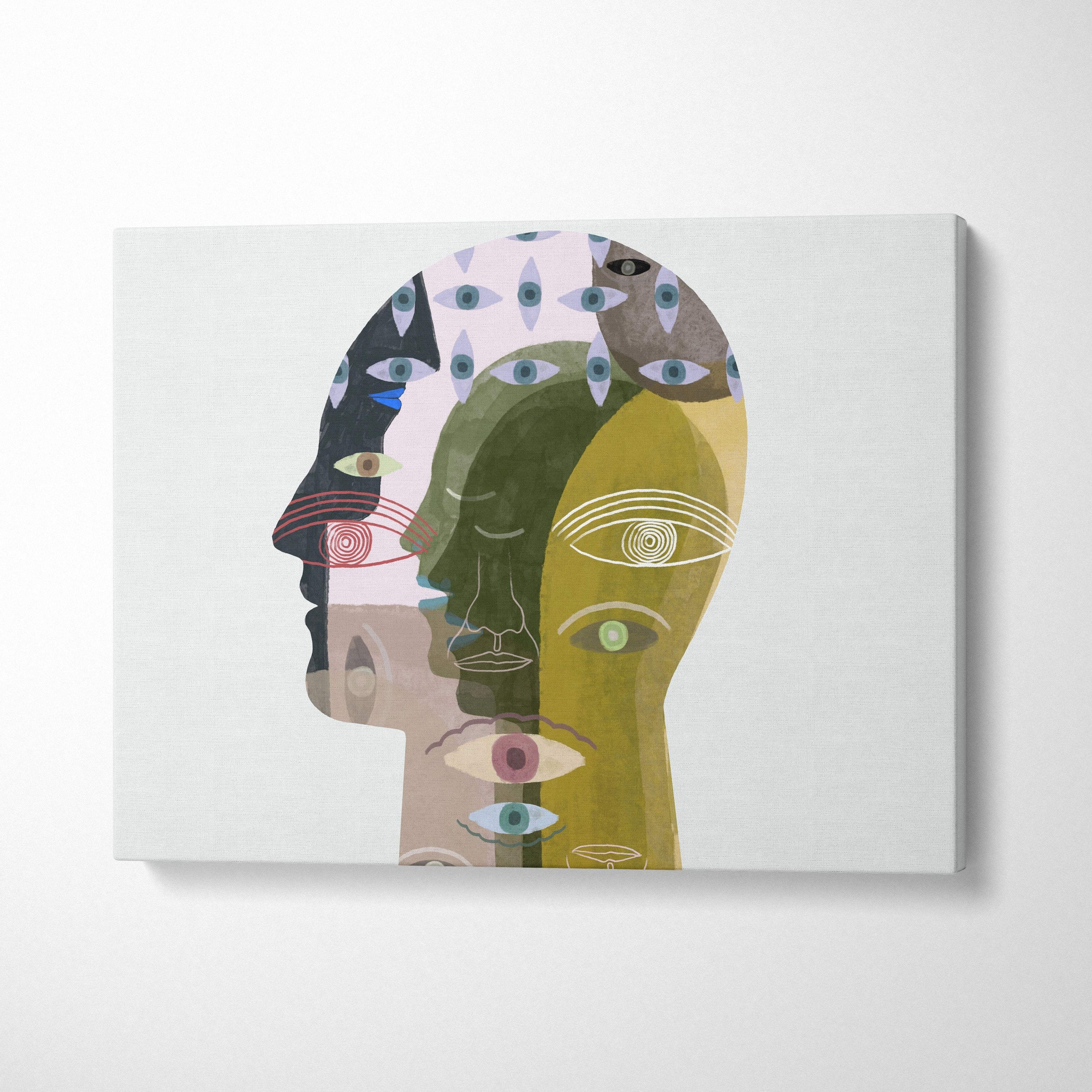 Contemporary abstract face canvas print with overlapping earth tone heads and intricate green blue eye motifs for office decor