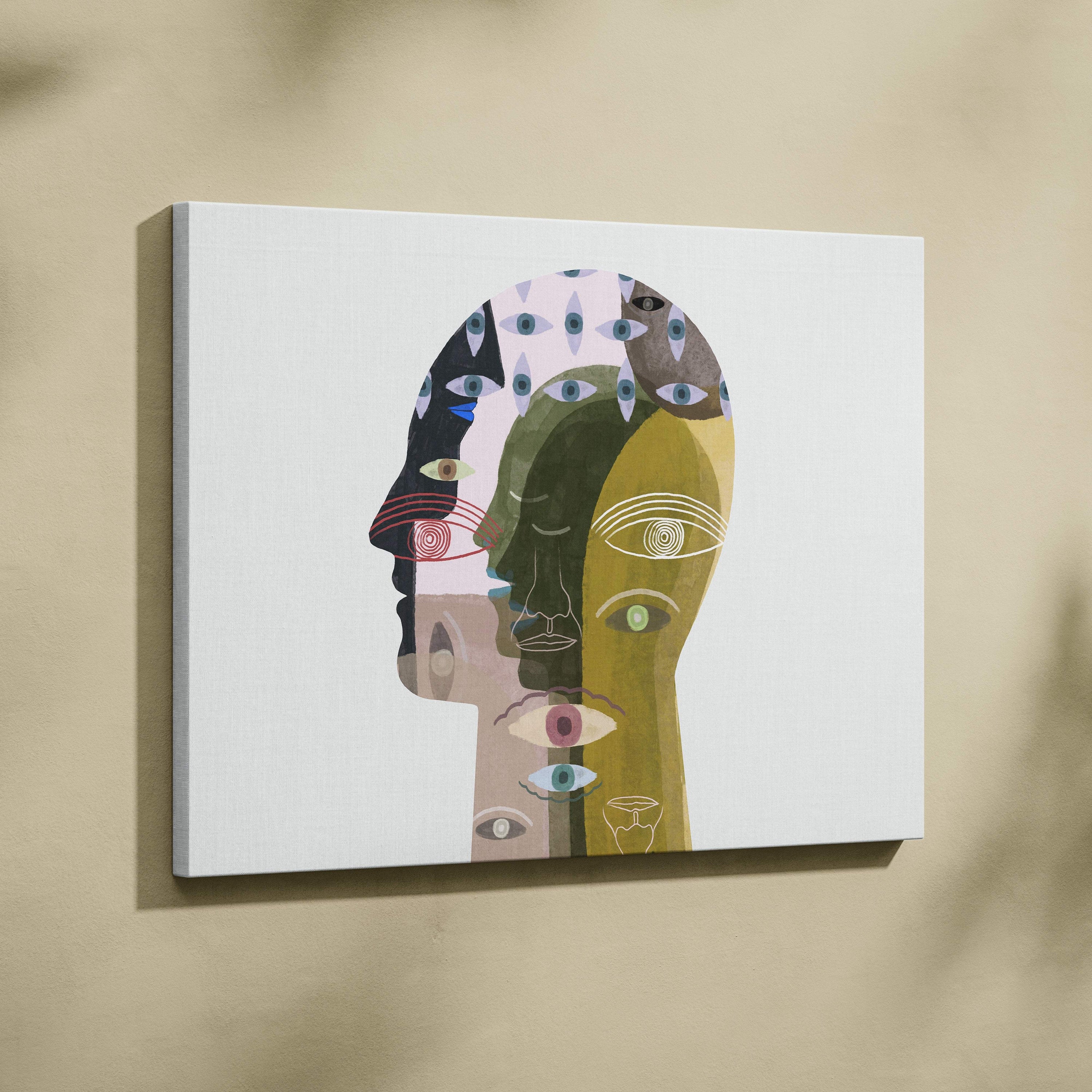 Contemporary abstract face canvas wall art with layered colorful eyes in green and blue for modern office decor