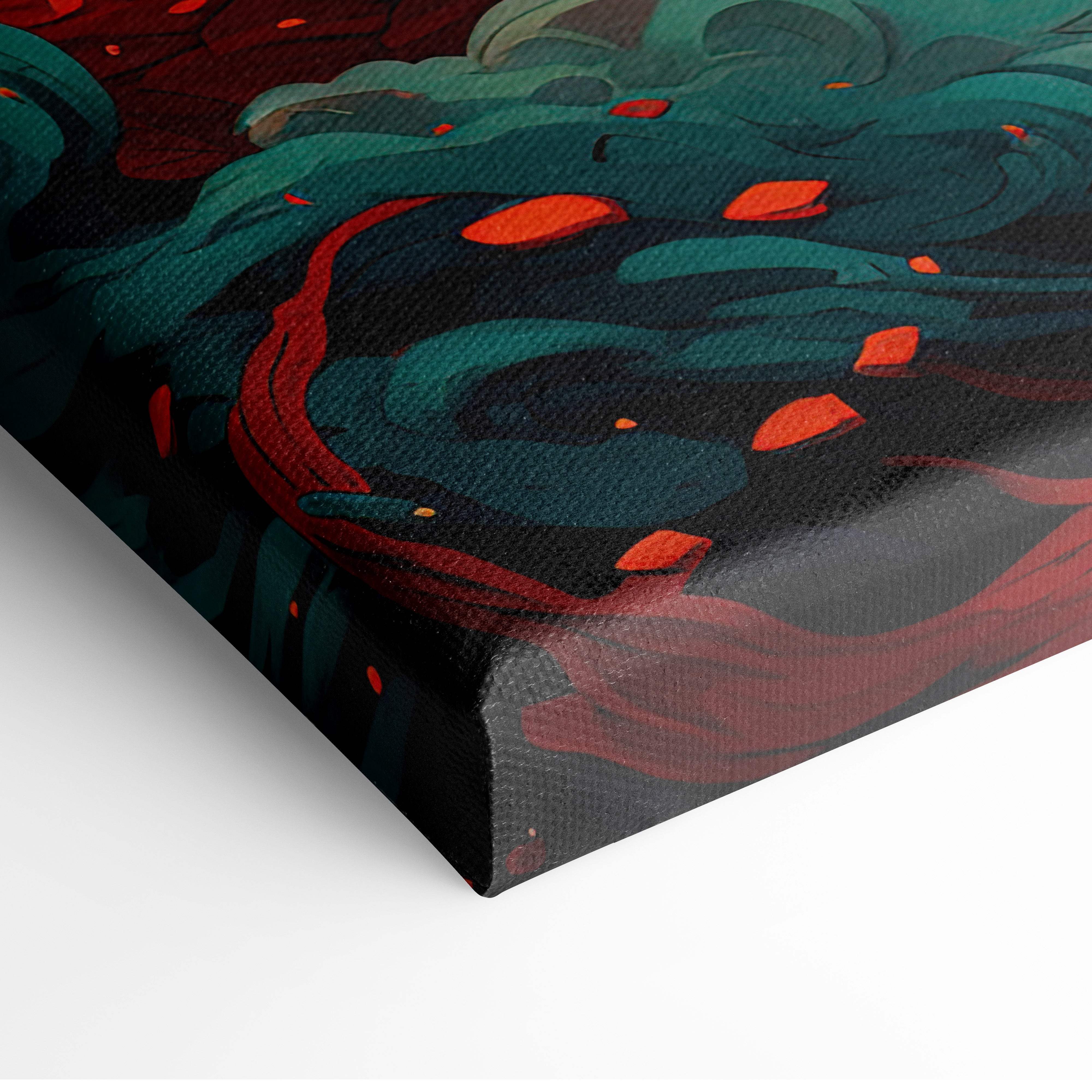 Celestial nebula dragon canvas wall art with swirling teal and red abstract patterns on dark background