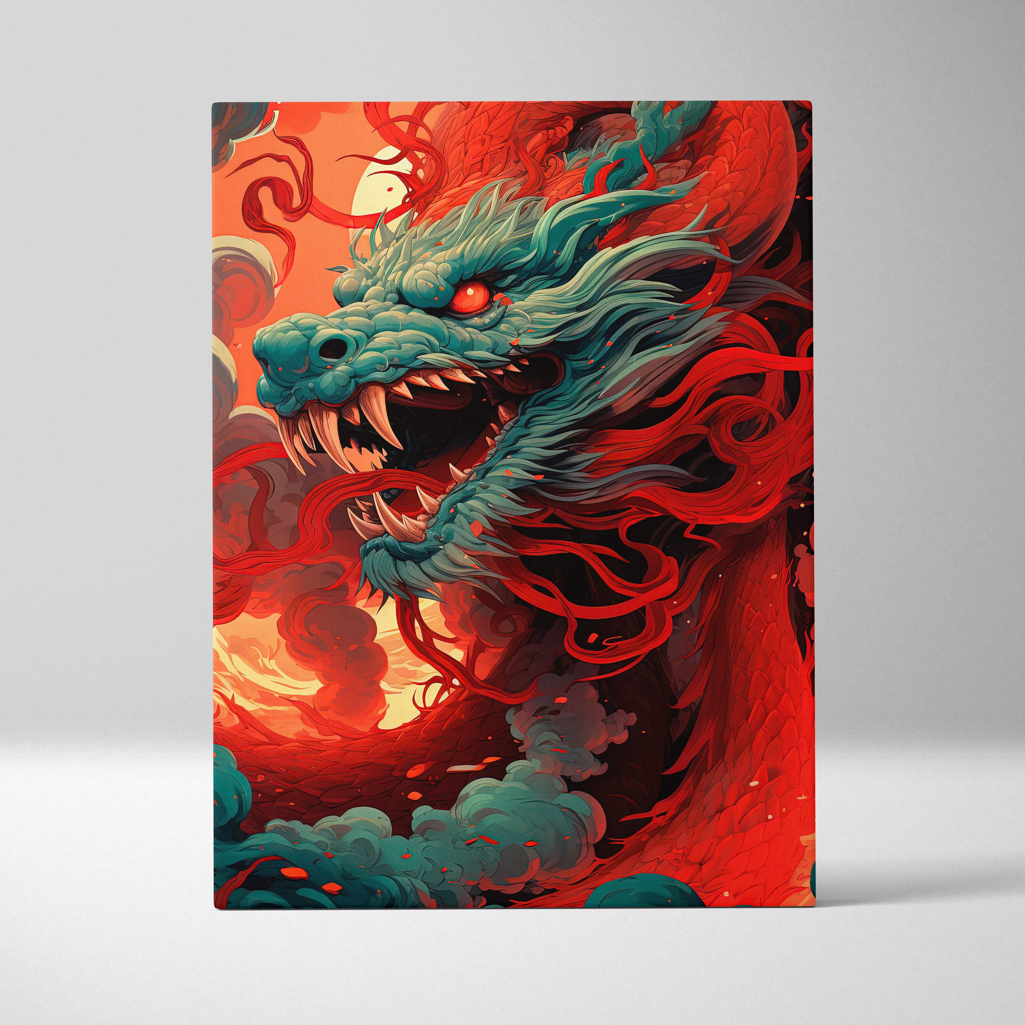 Celestial nebula dragon canvas wall art featuring a vibrant teal dragon with glowing red eyes and fiery clouds